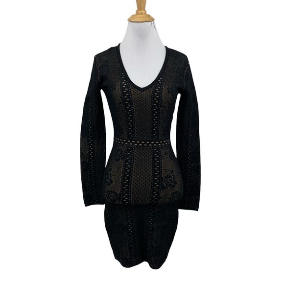 Bebe Dress Womens S Small Black Rose Jacquard Knit Deep V Neck Stretch Bodycon - Picture 1 of 16